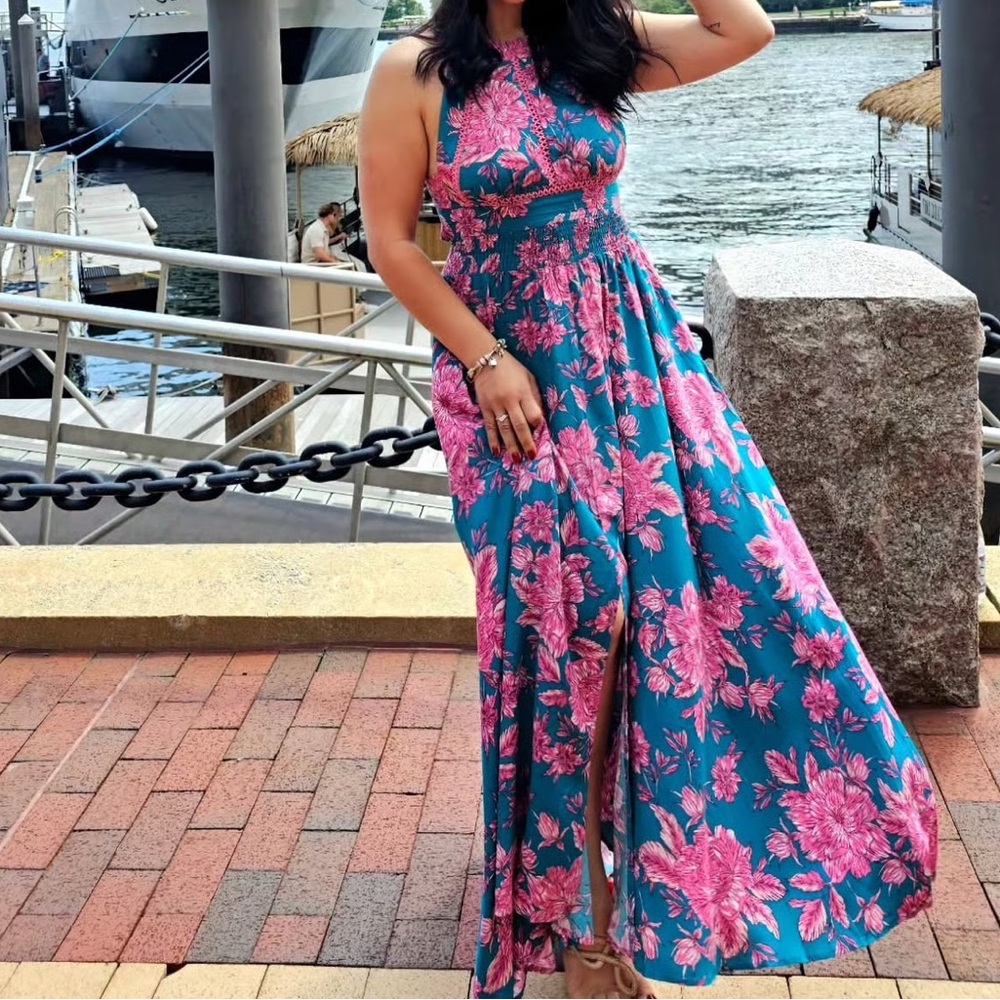 Floral Halter Midi Dress in Teal and Pink - Picture 2 of 3